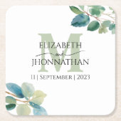 Grüne Eukalyptus mit Monogramm Hochzeit Rechteckiger Pappuntersetzer (Vorderseite)