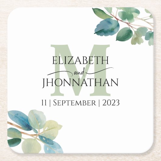 Grüne Eukalyptus mit Monogramm Hochzeit Rechteckiger Pappuntersetzer (Vorderseite)