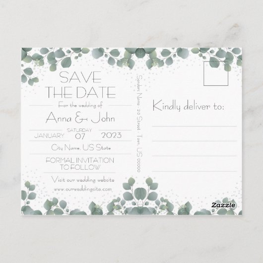 Grüne Eukalyptus Moderne Vegetation Save the Date Postkarte (Rückseite)