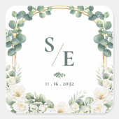 Grüne Eukalyptus-Monogramm Botanische Hochzeit Quadratischer Aufkleber (Vorderseite)