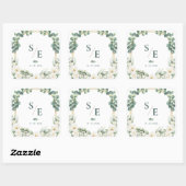 Grüne Eukalyptus-Monogramm Botanische Hochzeit Quadratischer Aufkleber (Blatt)