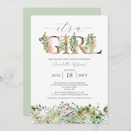 Grüne Eukalyptus Pink Es ist eine Girl Baby Dusche Einladung (Vorne/Hinten)