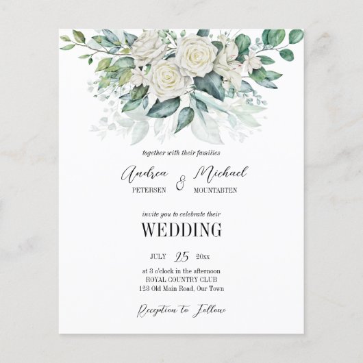 Grüne Eukalyptus Rosen Einladung zur Hochzeit (Vorderseite)