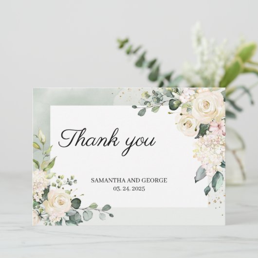 Grüne Eukalyptus-Rosen Glitzer boho Dankeskarte (Stehend Vorderseite)