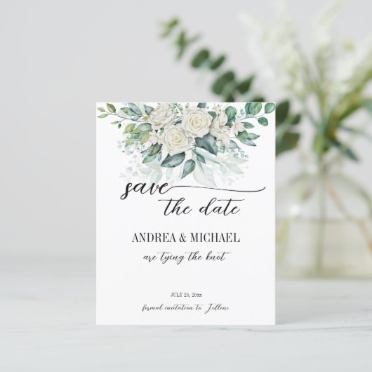 Grüne Eukalyptus-Rosen Save the Date (Stehend Vorderseite)