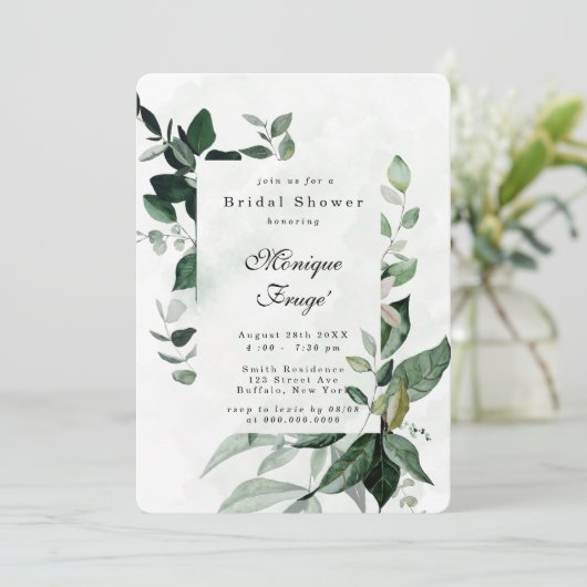 Grüne Eukalyptus Rustikales Brautparty Einladung (Stehend Vorderseite)