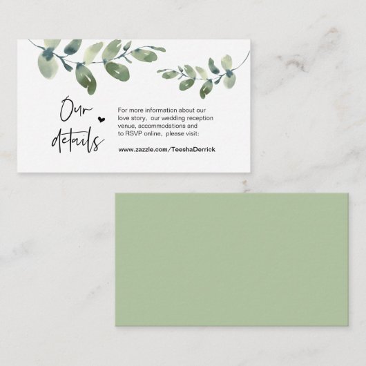 Grüne Eukalyptus, schwarz, Angaben zur Hochzeit Begleitkarte (Vorne/Hinten)