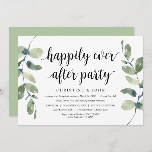 Grüne Eukalyptus, Schwarz, Hochzeitsfeier Einladung (Vorne/Hinten)