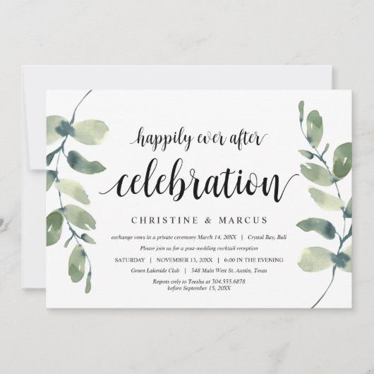 Grüne Eukalyptus, Schwarz, Hochzeitsfeier Einladung (Vorderseite)