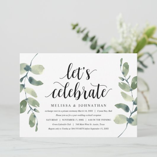 Grüne Eukalyptus, schwarzer Tinte, Hochzeitsfeier Einladung (Stehend Vorderseite)
