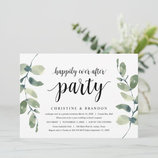 Grüne Eukalyptus, schwarzer Tinte, Hochzeitsfeier Einladung (Stehend Vorderseite)