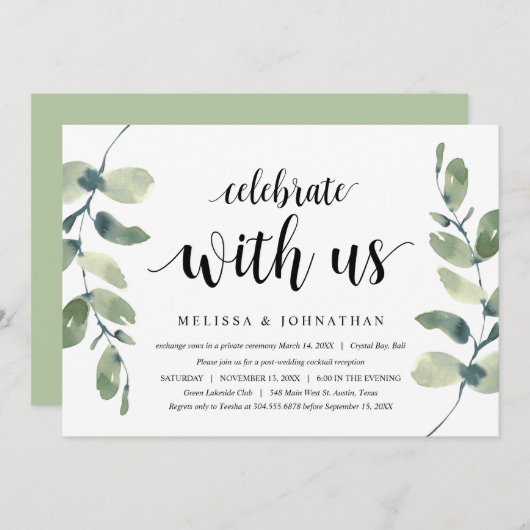 Grüne Eukalyptus, schwarzer Tinte, Hochzeitsfeier Einladung (Vorne/Hinten)