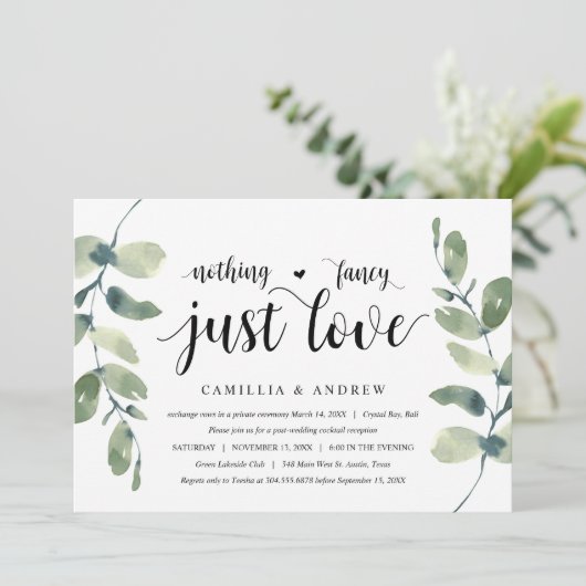 Grüne Eukalyptus, schwarzer Tinte, Hochzeitsfeier Einladung (Stehend Vorderseite)