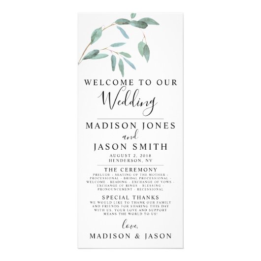 Grüne Eukalyptus Simple Wedding Programm (Vorne)