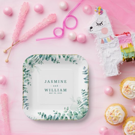 Grüne Eukalyptus Square RahmenWedding Pappteller (Party)