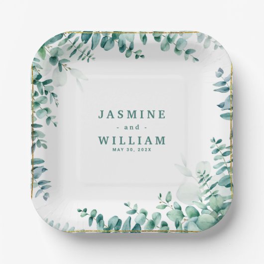 Grüne Eukalyptus Square RahmenWedding Pappteller (Vorderseite)