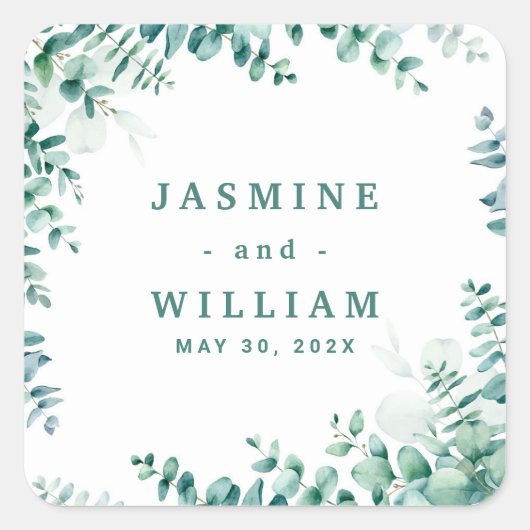 Grüne Eukalyptus Square RahmenWedding Quadratischer Aufkleber (Vorderseite)