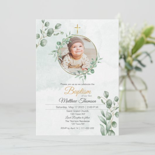 Grüne Eukalyptus-Taufe Einladung (Stehend Vorderseite)