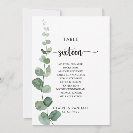 Grüne Eukalyptus-Tischnummer 16 Sitzplakette Einladung (Rückseite)