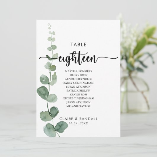 Grüne Eukalyptus-Tischnummer 18 Sitzplakette Einladung (Stehend Vorderseite)
