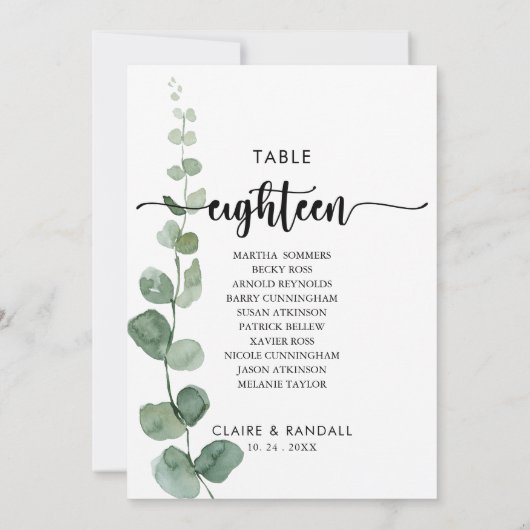 Grüne Eukalyptus-Tischnummer 18 Sitzplakette Einladung (Rückseite)