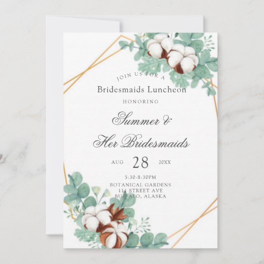 Grüne Eukalyptus- und Cotton-Bridesmaids Luncheon Einladung (Vorderseite)