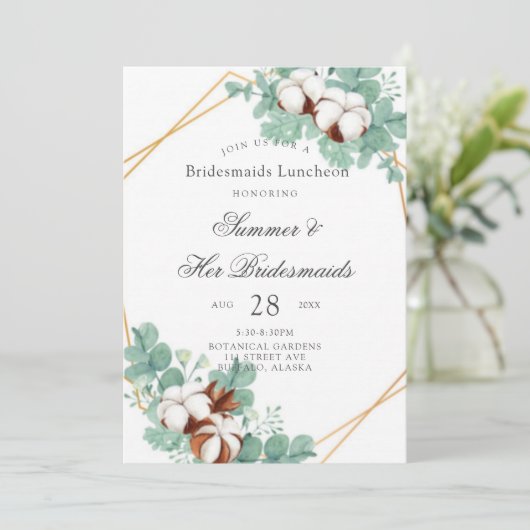 Grüne Eukalyptus- und Cotton-Bridesmaids Luncheon Einladung (Stehend Vorderseite)
