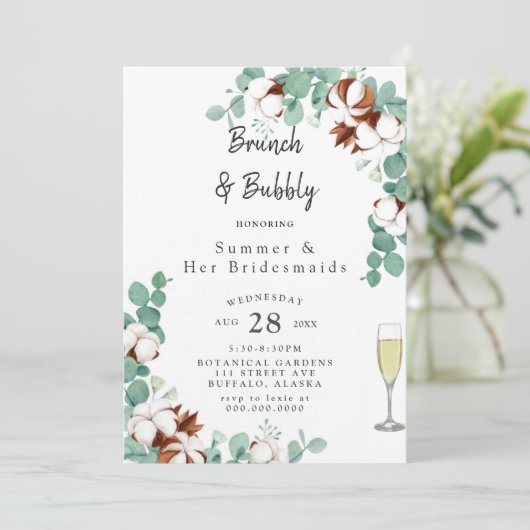 Grüne Eukalyptus- und Cotton-Bridesmaids Luncheon Einladung (Stehend Vorderseite)