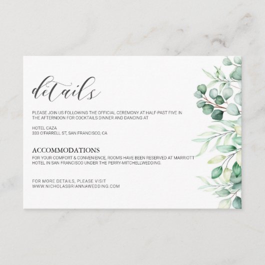 Grüne Eukalyptus Wasserfarben Details Elegante Begleitkarte (Vorderseite)