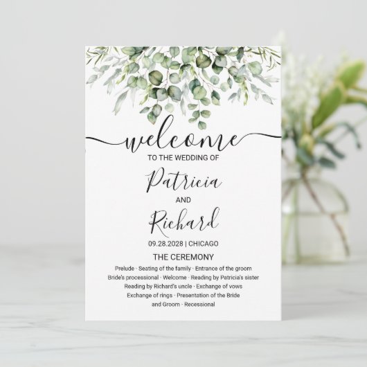 Grüne Eukalyptus Watercolor Hochzeitsprogramm Einladung (Stehend Vorderseite)