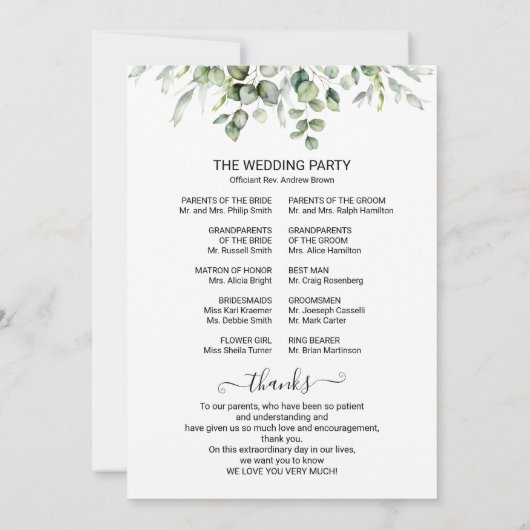 Grüne Eukalyptus Watercolor Hochzeitsprogramm Einladung (Rückseite)