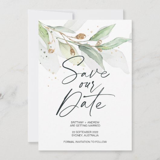 Grüne Eukalyptus Wedding Save the Date Invite Einladung (Vorderseite)