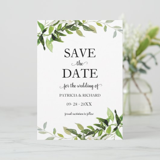 Grüne Eukalyptus Wedding speichern das Datum Einladung (Stehend Vorderseite)