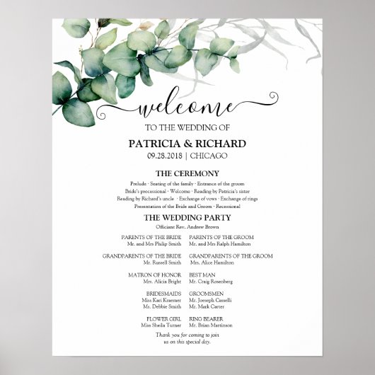 Grüne Eukalyptus Wedding Zeremony Programm Signatu Poster (Vorne)