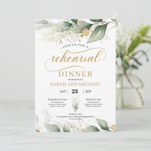 Grüne Eukalyptusgold Blätter Probe Abendessen Einladung (Stehend Vorderseite)