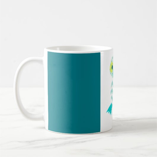 Grüne Eule mit Blau fasst Tasse ein (Links)