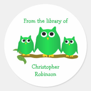 Grüne Eulen Design-Exlibris Runder Aufkleber