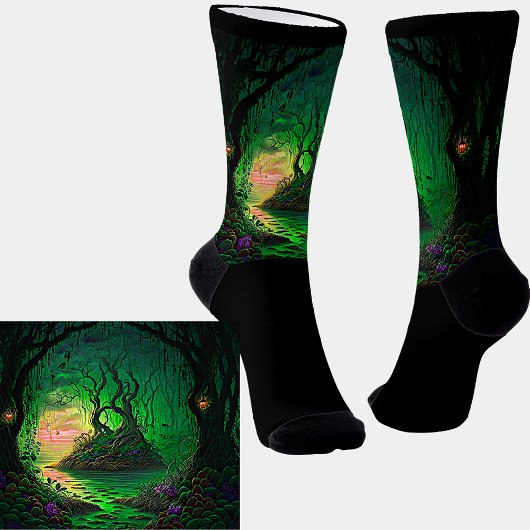 Grüne Fantasy Garden Szene auf schwarz Socken