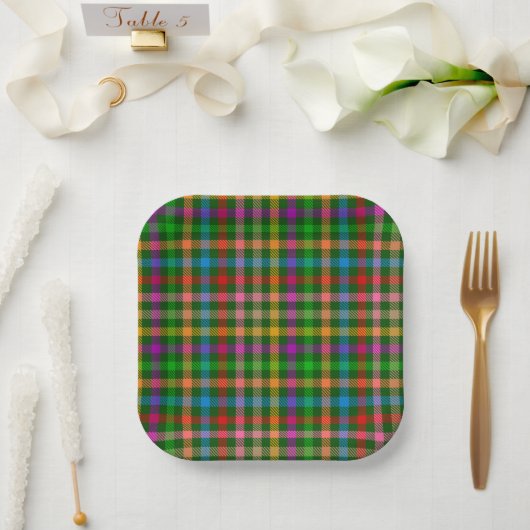 Grüne farbenfrohe Gingham-Karo-Muster Pappteller (Hochzeit)