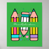 Grüne Farbige Lehrerin Cartoon Bleistift-Poster Poster (Vorne)