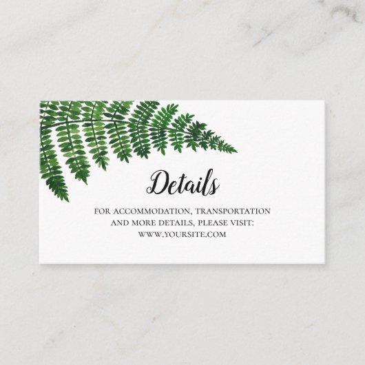 Grüne Farn Hochzeitsdetails. Hochzeitseinsatz im S Begleitkarte (Vorderseite)
