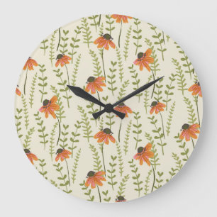 Grüne Farne, orangefarbene Blume, Natur. Große Wanduhr