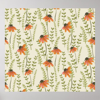 Grüne Farne, orangefarbene Blume, Natur. Poster