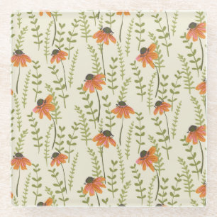 Grüne Farne, orangefarbene Blumen, Natur. Glasuntersetzer