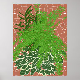 Grüne Farne und Hostas auf Terrakotta-Mosaik Poster