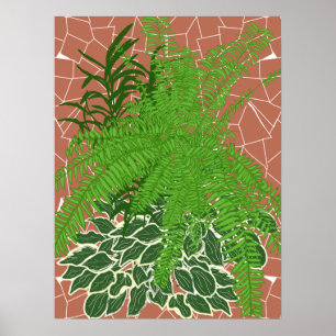 Grüne Farne und Hostas auf Terrakotta-Mosaik Poster