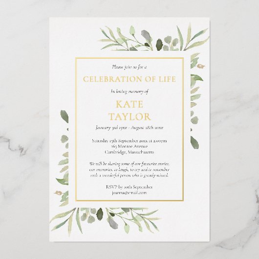 Grüne Feier zur Beerdigung des Lebens Gold Folieneinladung (Vorderseite)