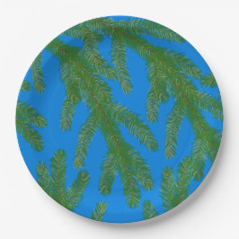 Grüne Fichtenbäume und Zweige Blau Pappteller