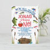 Grüne Fischrolle begeistert Fischen 1. Geburtstag Einladung (Stehend Vorderseite)