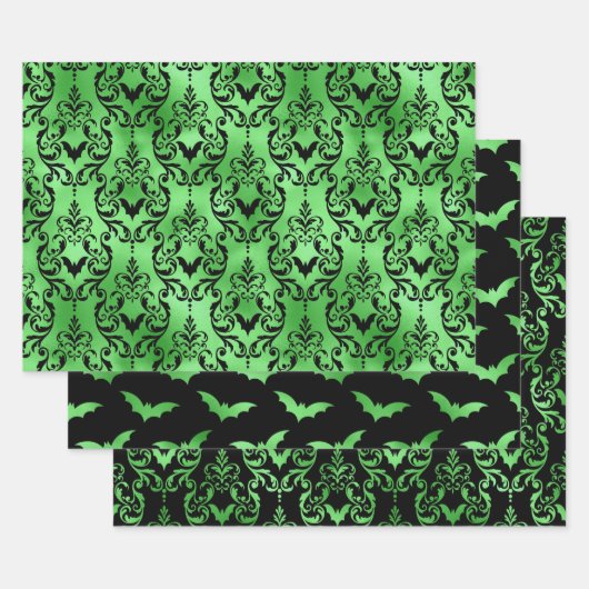 Grüne Fledermaus Halloween Damast Muster Geschenkpapier Set (Set)